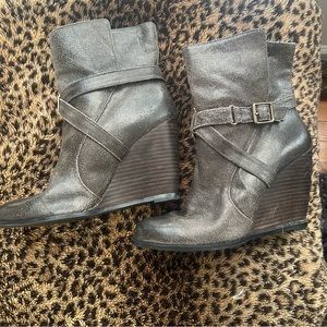 BCBG distressed Gray buckle wedge ankle boots